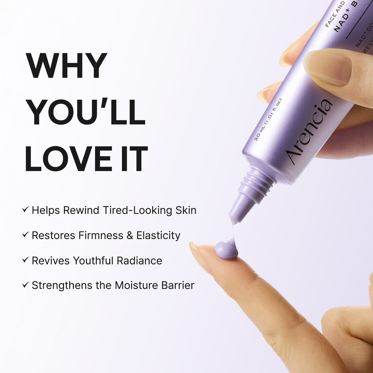 Hand dispensing lavender Arencia NAD+ Booster Shot onto a fingertip; text highlights tired-looking skin, firmness, radiance and barrier support.