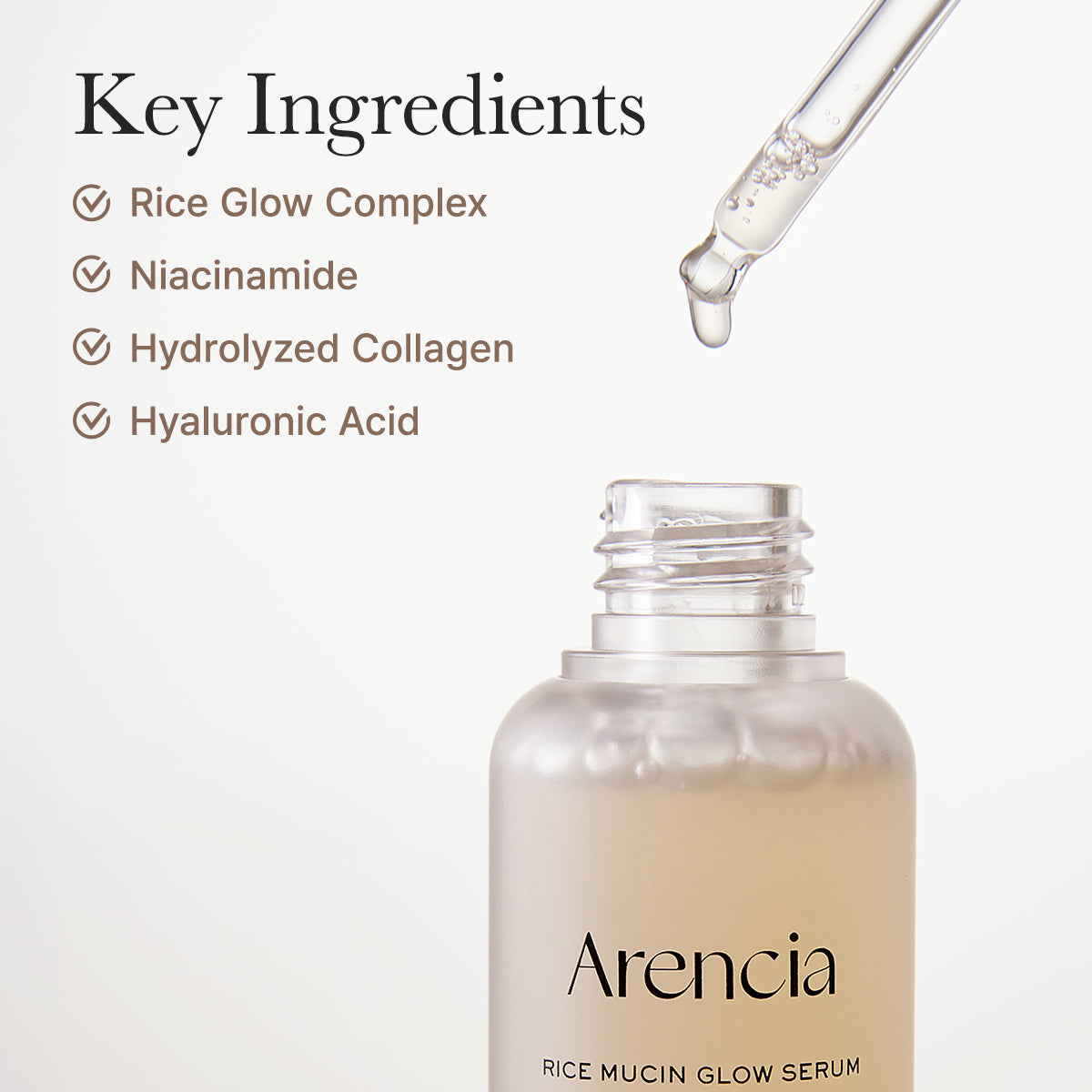 Arencia Rice Mucin Glow Serum, Collagen + Hyaluronic Acid & Niacinamide, 1.01 fl oz